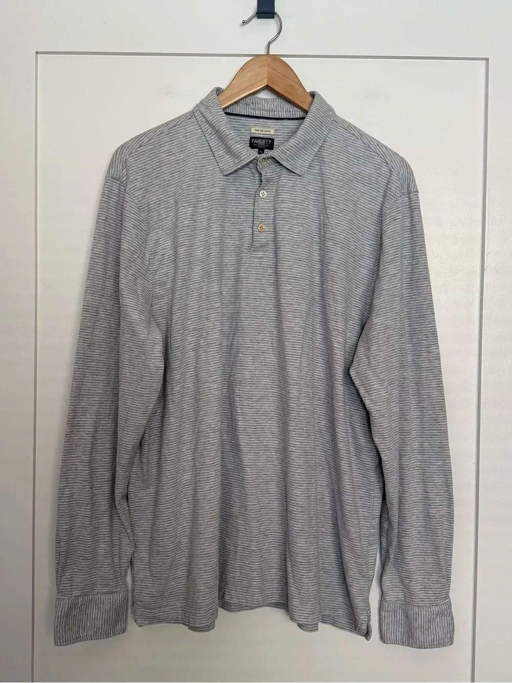 Faherty Reserve Polo Shirt Mens Sz XL Gray Striped Long Sleeve Pure Pima Cotton
